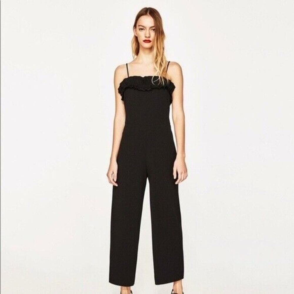 Zara Womens Jumpsuit Large Black Ruffle Trim Spaghetti Strap Wide Crop Stretch